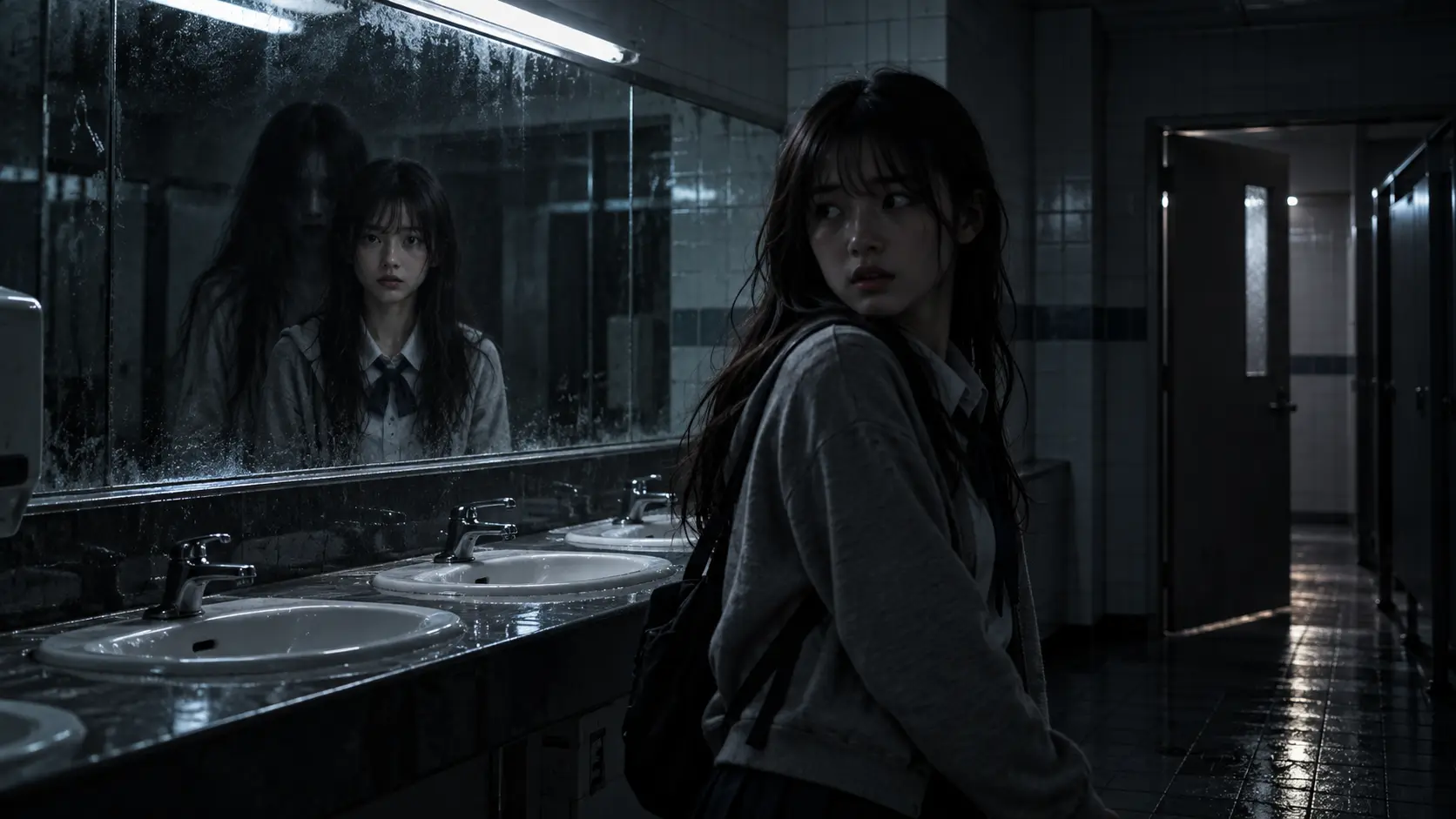 A girl's reflection continues staring forward in a dark school bathroom even after the real girl turns away, with a faint Bloody Mary figure behind the reflection.