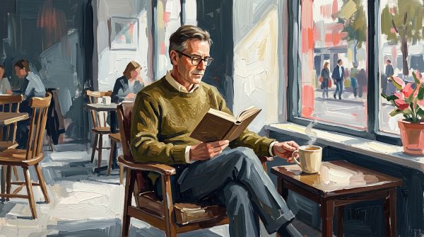 카페에서 독서하는 중년 남성