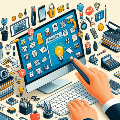 컴퓨터 화면 주위로 다양한 사무용품과 아이콘이 배치된 일러스트입니다.