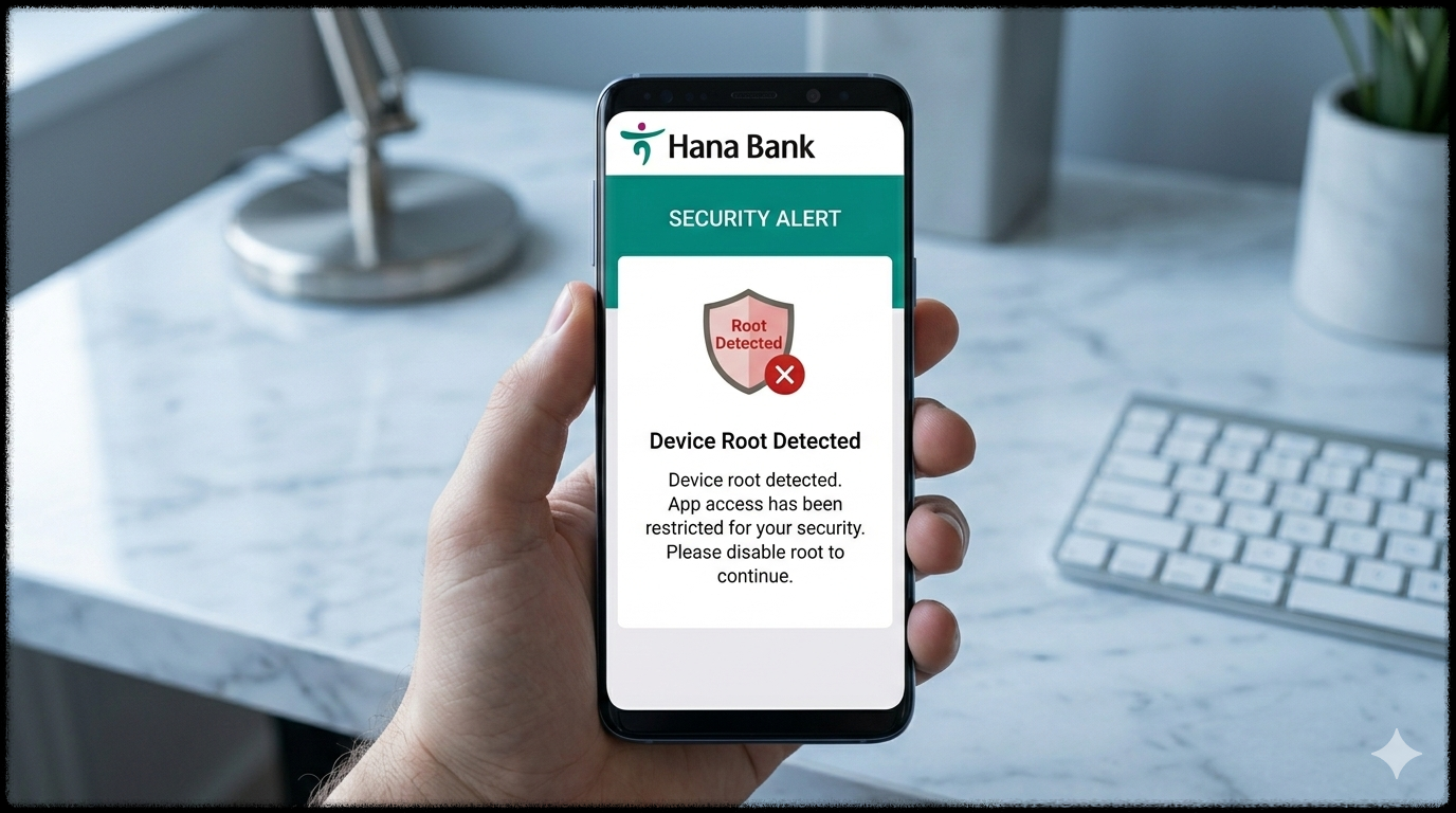 루팅 감지로 인해 금융 앱 접근이 차단된 안드로이드 스마트폰의 모습
