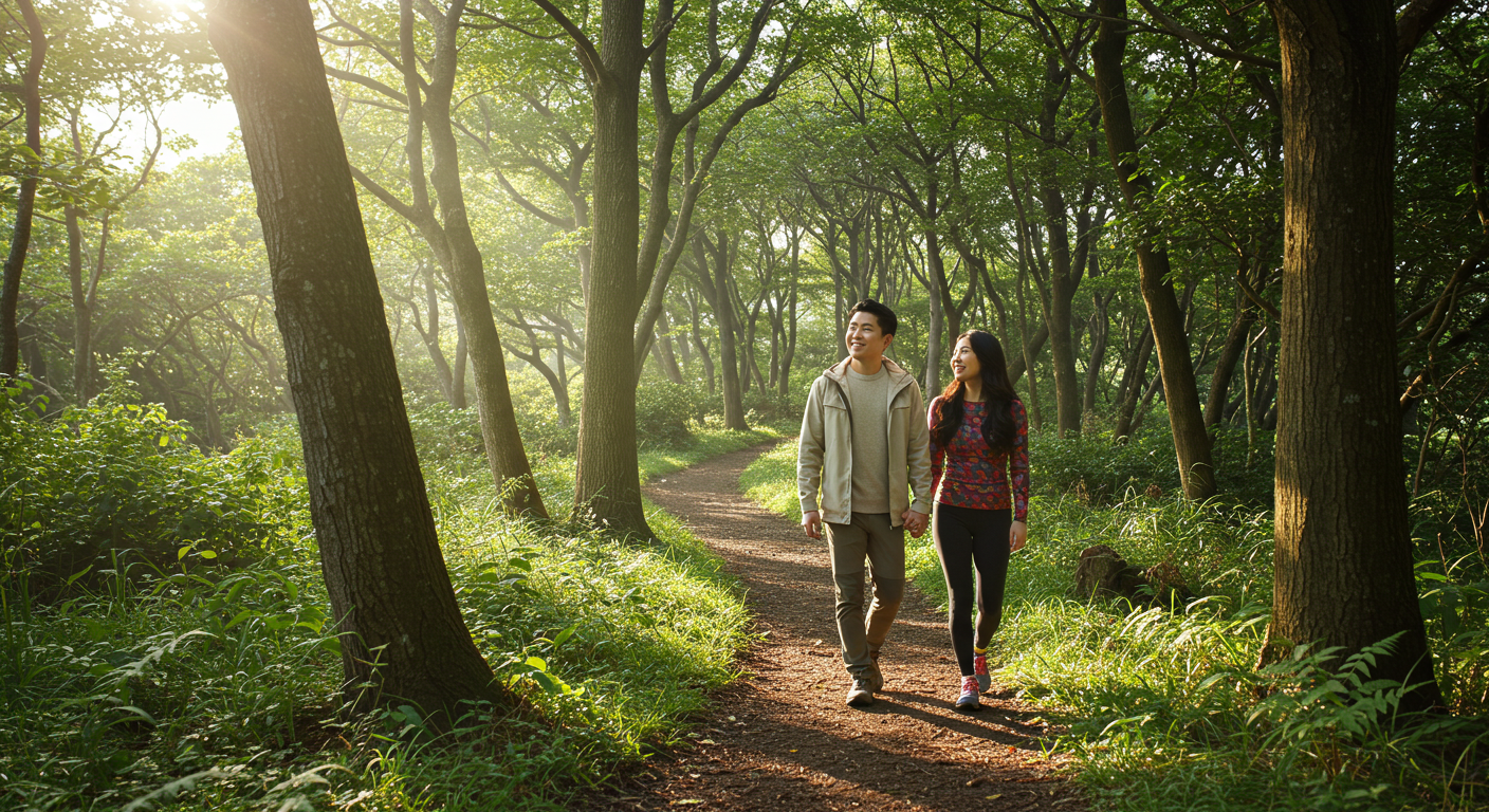 제주의 토산숲길을 걷는 한국인 커플