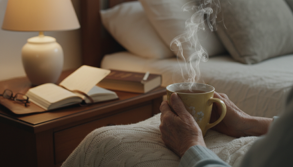 잠들기 전 따뜻한 캐모마일 차를 마시며 독서하는 시니어의 손, 편안한 저녁 루틴을 보여줌