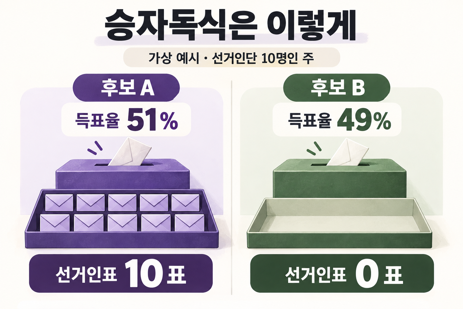 가상의 주에서51% 득표 후보가 선거인표10표를 받고49% 후보는0표를 받는 예시