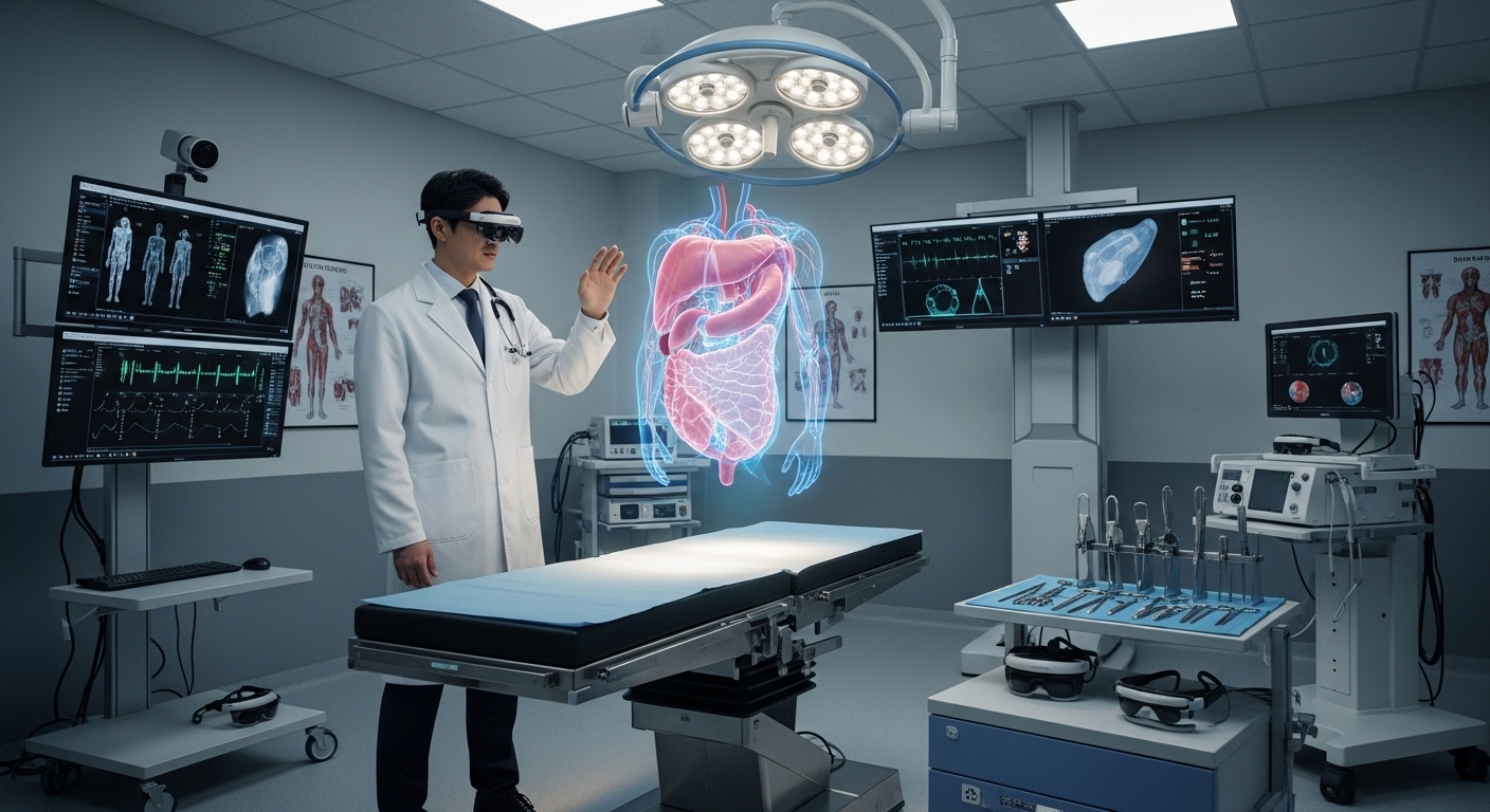 a Korean doctor in a white coat is examining a 3D holographic human organ floating above a surgical table