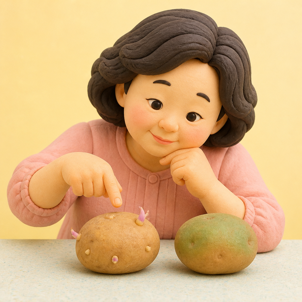 부엌 조리대에서 싹 난 감자와 초록색 감자를 나란히 놓고 보는 40대 여성