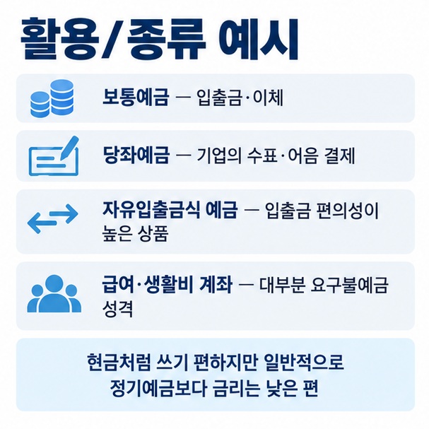 보통예금 당좌예금 자유입출금식 예금 급여 생활비 계좌 등 요구불예금의 종류와 활용을 보여주는 인포그래픽