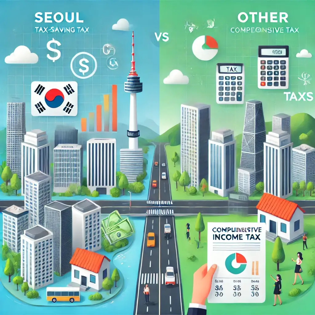 서울과 지방을 시각적으로 표현하고 세금용지를 들고 있는 모습