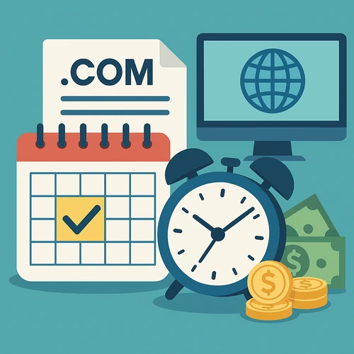 도메인 연장과 만료일 확인을 상징하는 달력, 시계, .com 문서, 컴퓨터 화면 아이콘을 포함한 디지털 일러스트