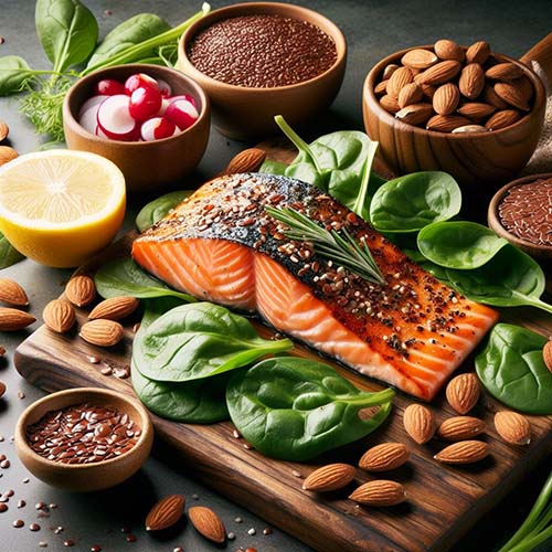 연어구이-시금치 무침-아몬드-아마씨앗