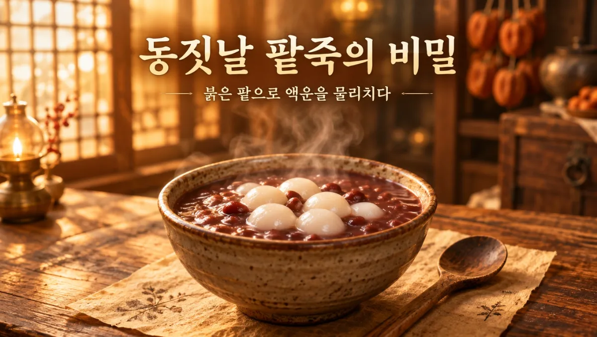 김이 모락모락 오르는 붉은 팥죽과 하얀 새알심이 담긴 전통 도자기 그릇, 창호지 창으로 따뜻한 햇살이 드는 한옥 부엌 나무 식탁 위 모습