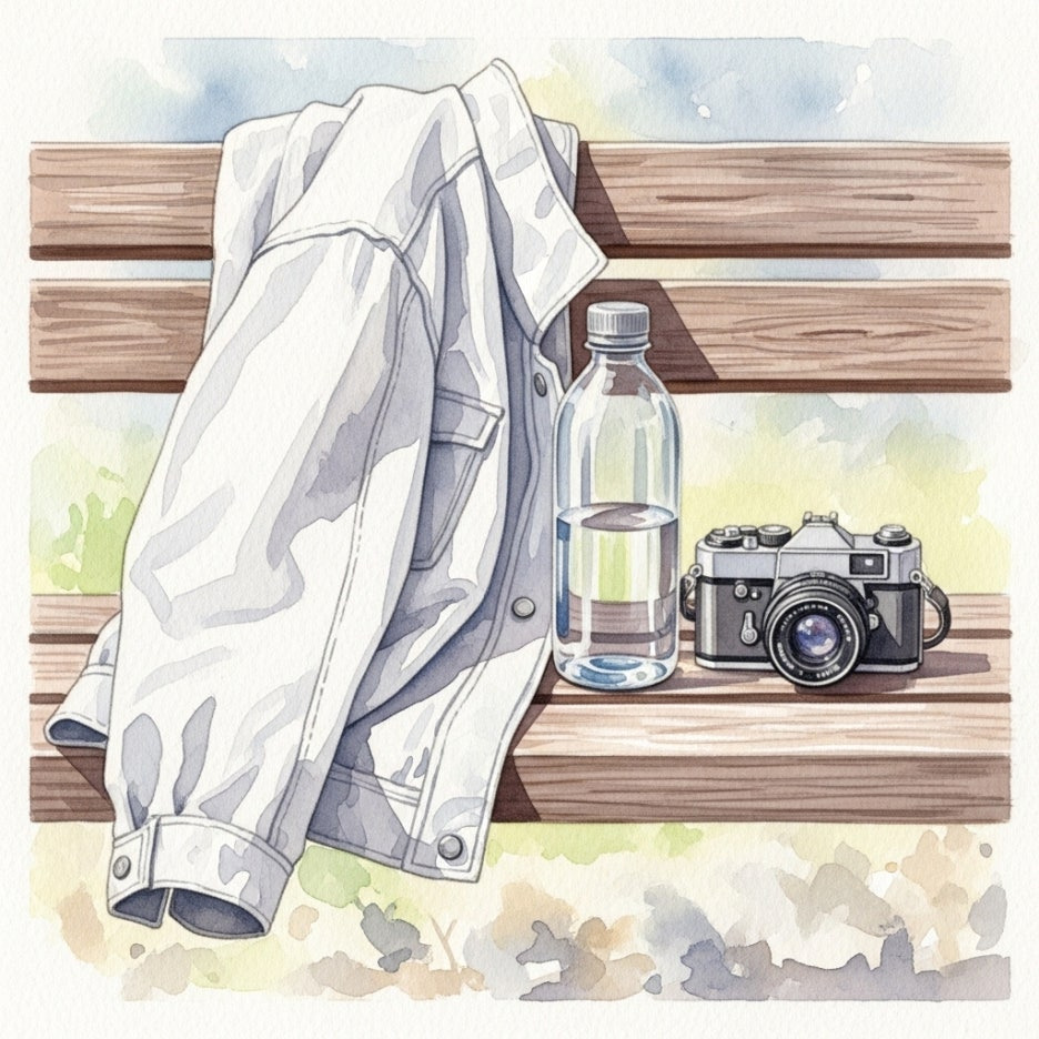 벤치 위에 놓인 산책 준비물 소품들