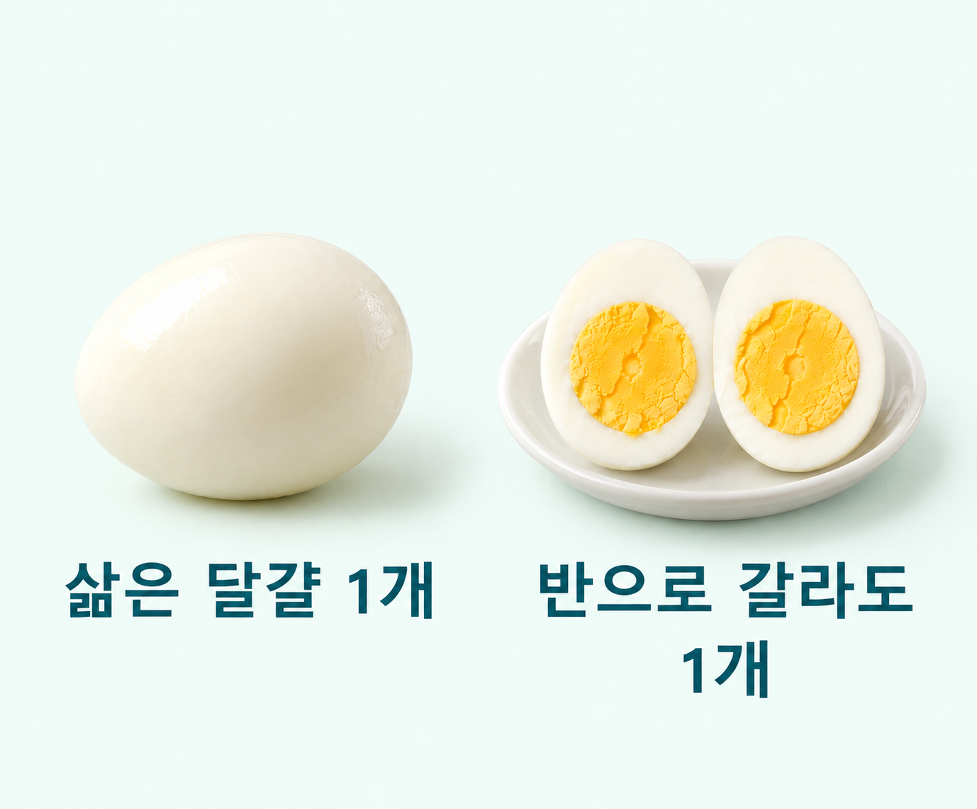 삶은 달걀 한 개와 같은 달걀을 반으로 자른 두 쪽을 나란히 보여주는 분량 그림
