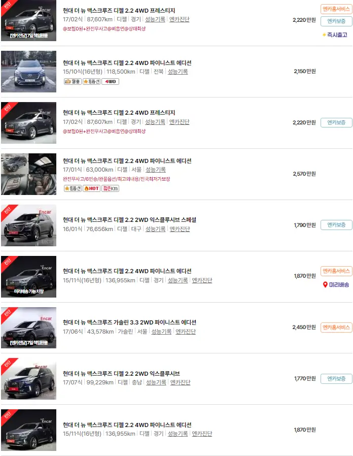 현대 더 뉴 맥스크루즈 (15년 ~ 19년) 중고차 가격