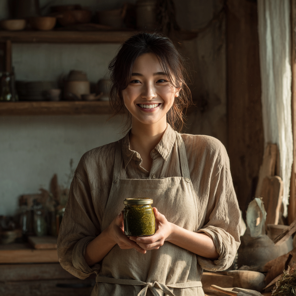 홈메이드 바질페스토를 들고 있는 여성과 따뜻한 주방 배경