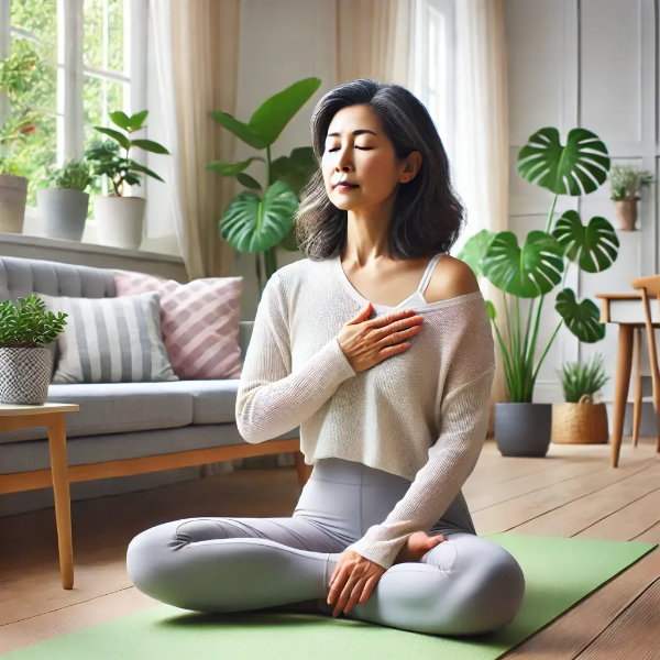 밝고 평화로운 실내에서 요가 매트 위에 가부좌로 앉아 심호흡을 하며 아침 정신 건강 루틴을 실천하는 동양인 중년 여성의 초고해상도 사진