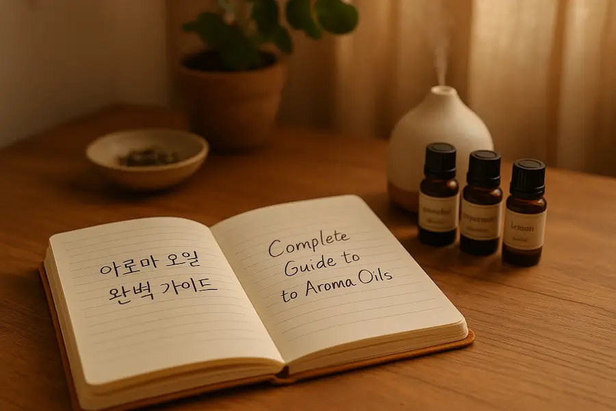 따뜻한 햇살이 비추는 책상 위에 펼쳐진 수첩, 왼쪽엔 ‘아로마 오일 완벽 가이드’라는 한글 손글씨, 오른쪽엔 ‘Complete Guide to Aroma Oils’라는 영어 손글씨가 적혀 있고, 옆엔 에센셜 오일 병과 디퓨저가 놓여 있다.
