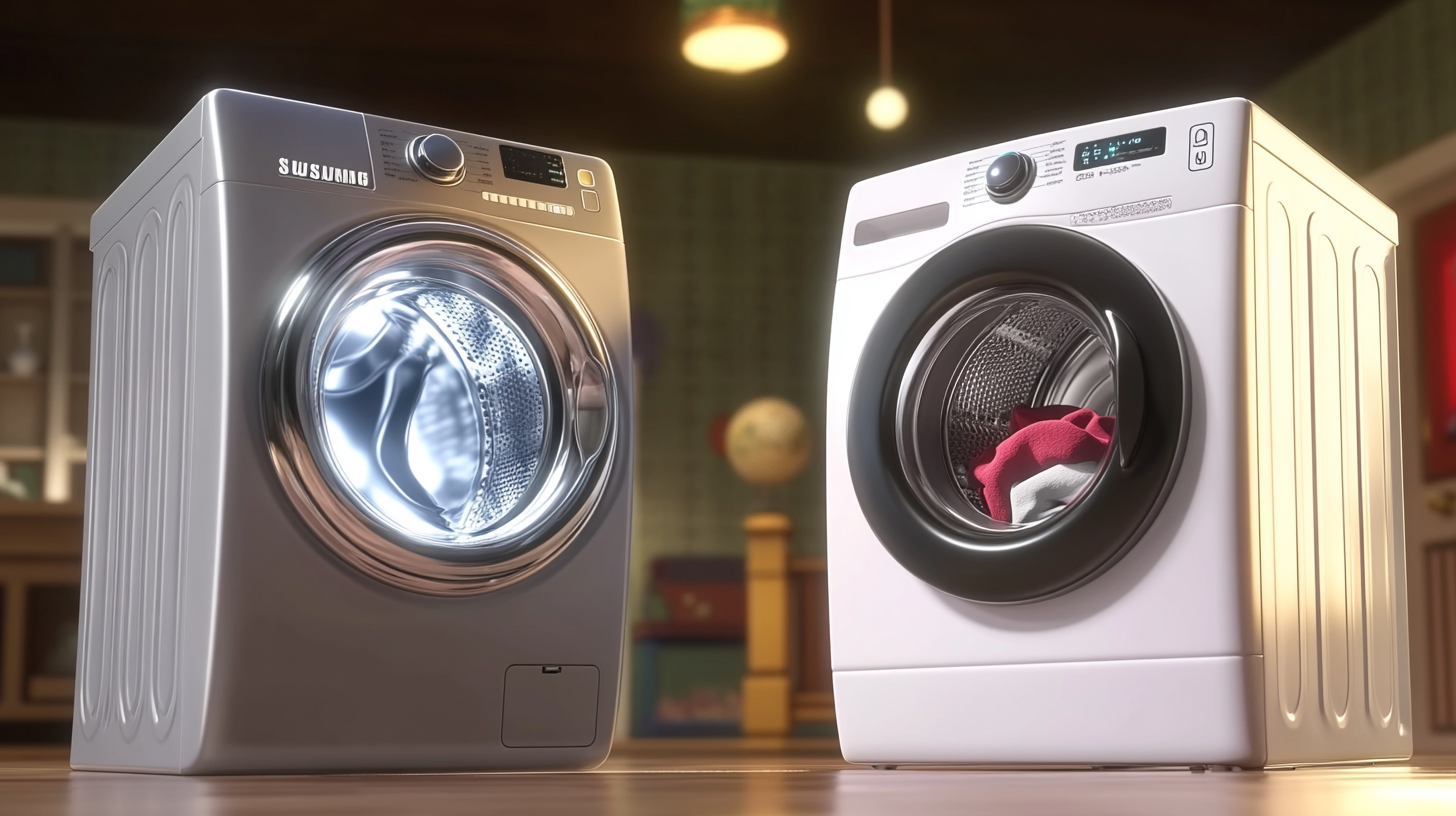 첨단 기능으로 빛나는 삼성 세탁기와 덜 세련되고 구식인 일반 경쟁 브랜드가 대조되는 비교 장면