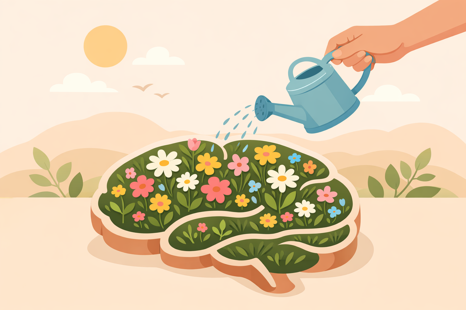 뇌 모양의 꽃밭에 물 주는 일러스트