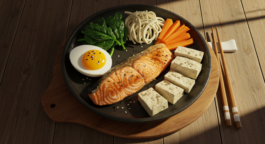 단백질 위주로 구성된 하루 식단(달걀, 연어, 두부, 채소)
