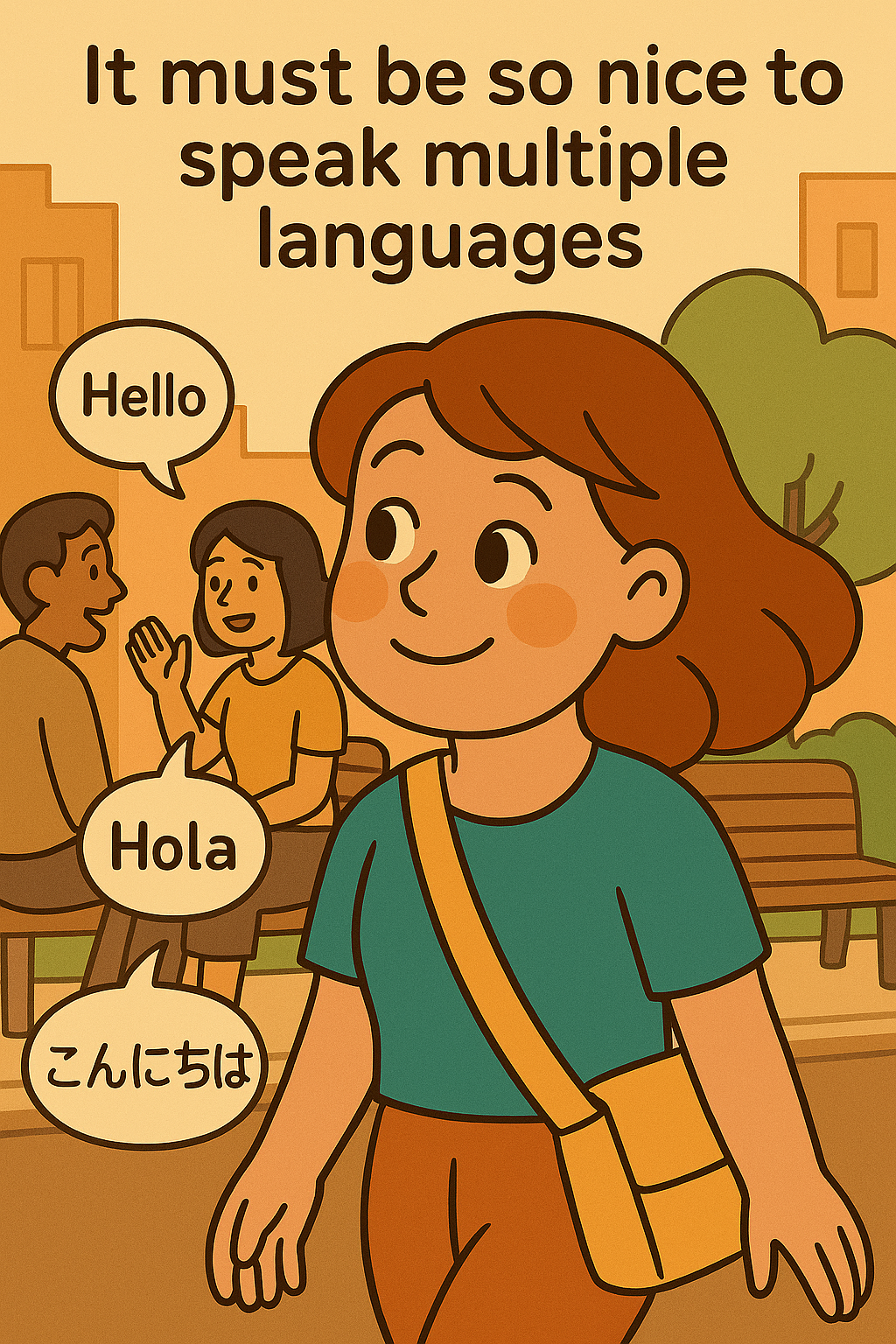 다국어를 구사하는 사람을 보며 부러워하는 여인