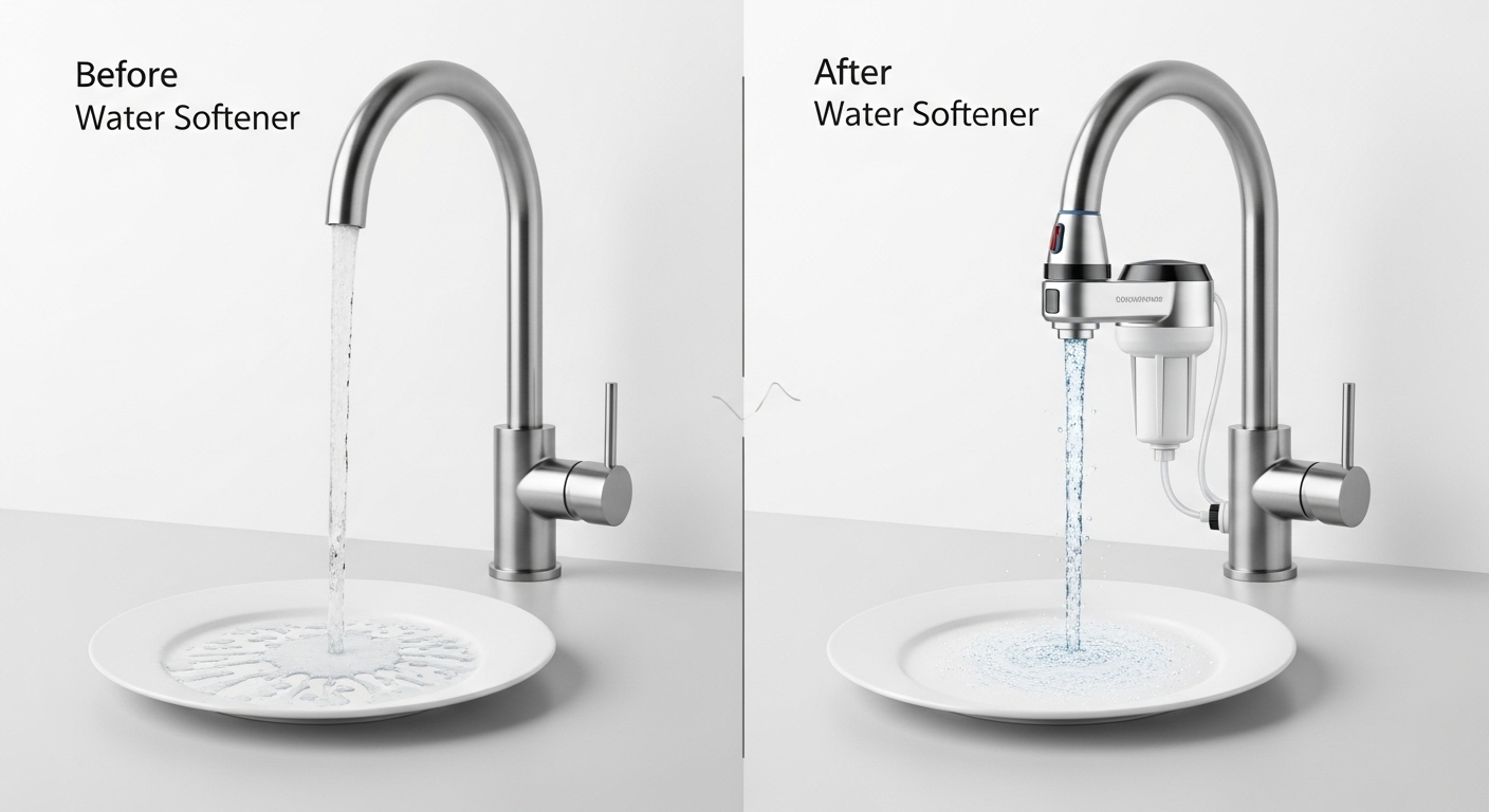 연수기 필터가 설치된 수도꼭지와 물 자국 없는 깨끗한 접시를 비교하는 일러스트