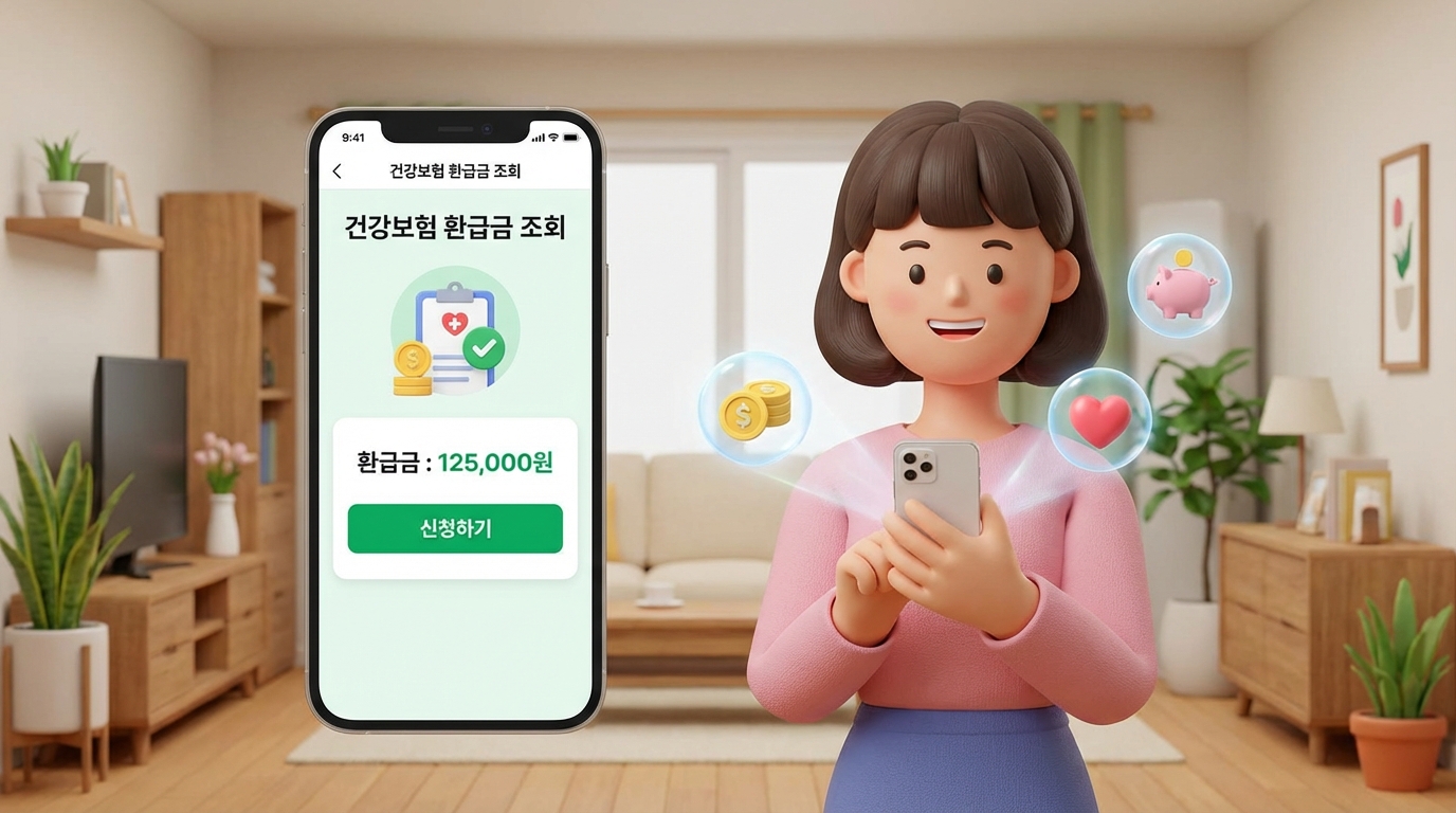 건강보험료 환급금 조회를 위해 스마트폰 앱을 사용하는 입체적인 일러스트레이션