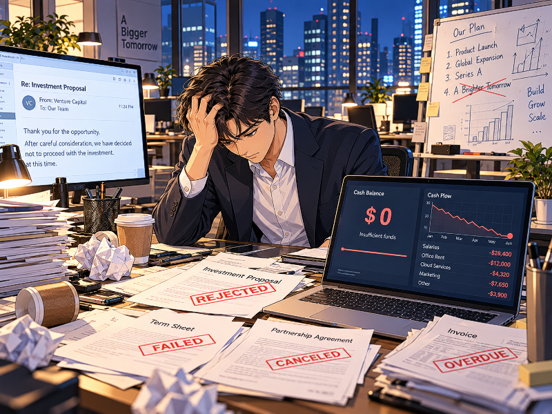 Anime-style illustration of a distressed startup founder facing investment rejection, financial losses, zero cash balance, and mounting overdue invoices in a nighttime office.