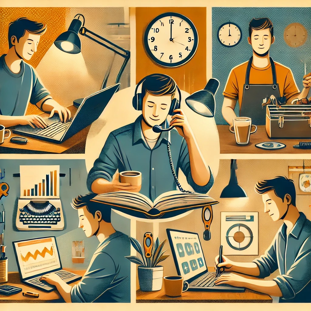 여러가지 일을 하고 있는 남자의 모습을 담은 일러스트.