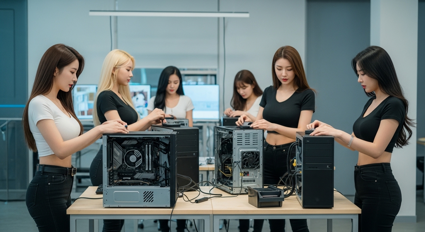 컴퓨터를 조립하는 여자들