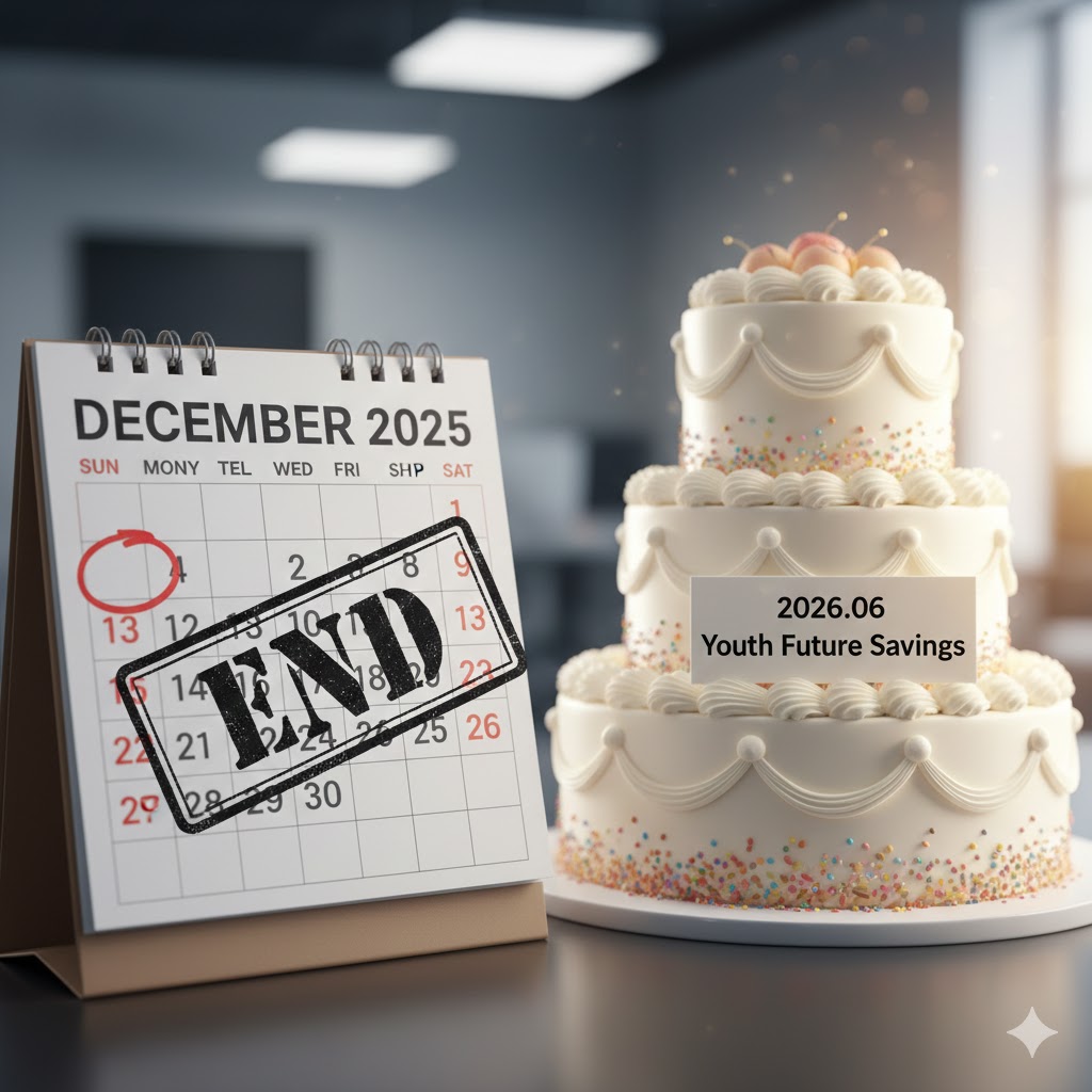 2025년 12월 달력에 '마감 임박' 도장이 찍혀 있고, 옆에는 '3년 만기'라고 적힌 새로운 선물 상자(미래적금)가 흐릿하게 보이는 모습