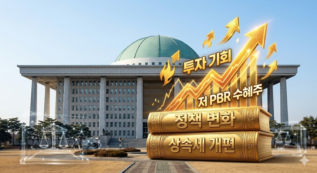 한국 증시의 변화와 대주주 상속세 개편을 상징하는 법망과 황금색 주식 그래프 이미지