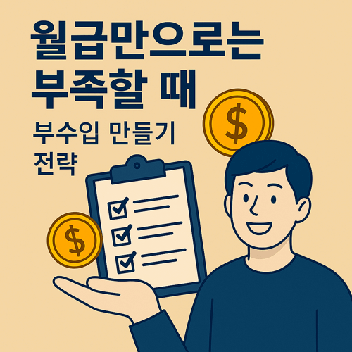 월급만으로는 부족할 때 활용할 수 있는 부수입 만들기 전략을 안내하는 썸네일 이미지로, 체크리스트를 든 남성과 금화 아이콘이 포함된 추가 수익 전략 일러스트