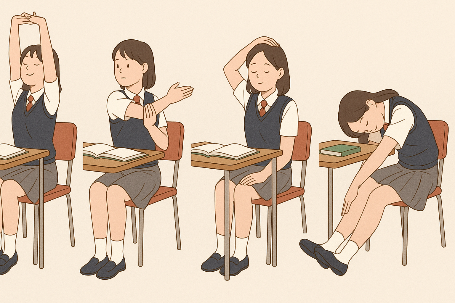 학생이 할 수 있는 5분 스트레칭의 순서를 표현한 그림