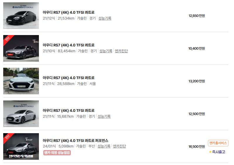 아우디 RS7 중고차 가격 시세표 고속 시내 연비