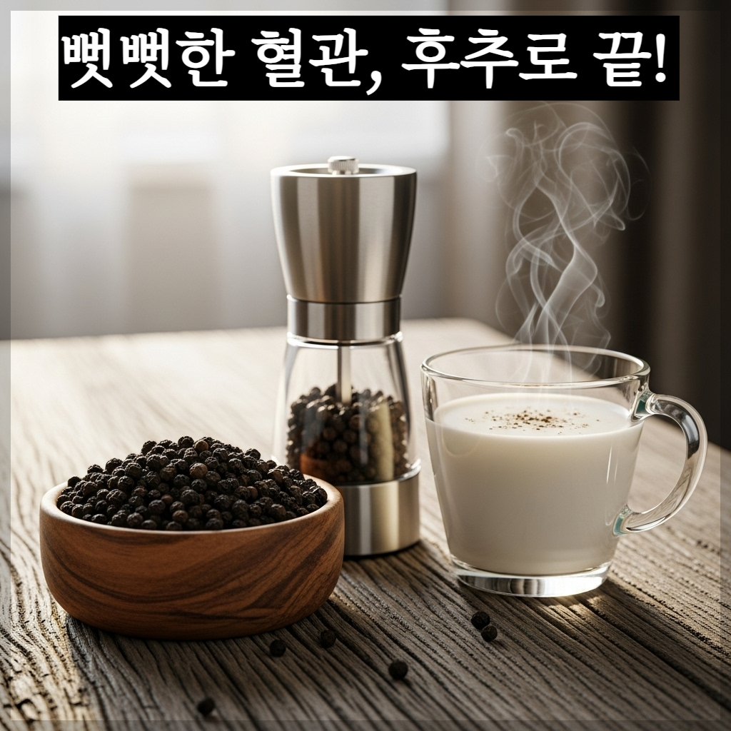 따스한 아침 햇살이 비치는 나무 테이블 위에 정갈하게 담긴 통후추 알갱이들과 후추 그라인더, 그리고 김이 모락모락 피어오르는 후추 차가 놓여 있는 치유 분위기의 실사 이미지