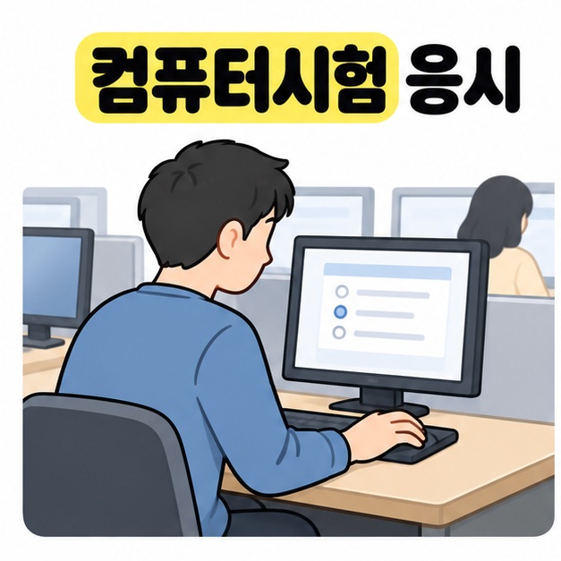 컴퓨터시험 응시 문구 아래 남성이 시험장 모니터의 선택 항목을 보며 마우스를 사용하는 그림