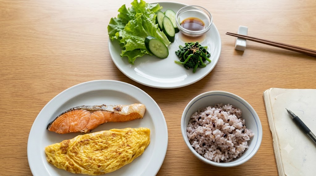 저속노화 식사 순서를 보여주는 상차림. 신선한 채소와 오이, 계란말이와 연어 구이, 잡곡밥이 각각 다른 접시에 정갈하게 담겨 있는 모습