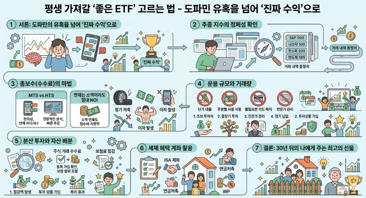 ETF, 추종 지수, 지수 추종 ETF, 총보수, 운용규모와 거래량, 분산투자, 자산 배분, 세제 혜택 계좌, ISA, 연금저축, IRP, 노후준비, 좋은 ETF 고르는 기준