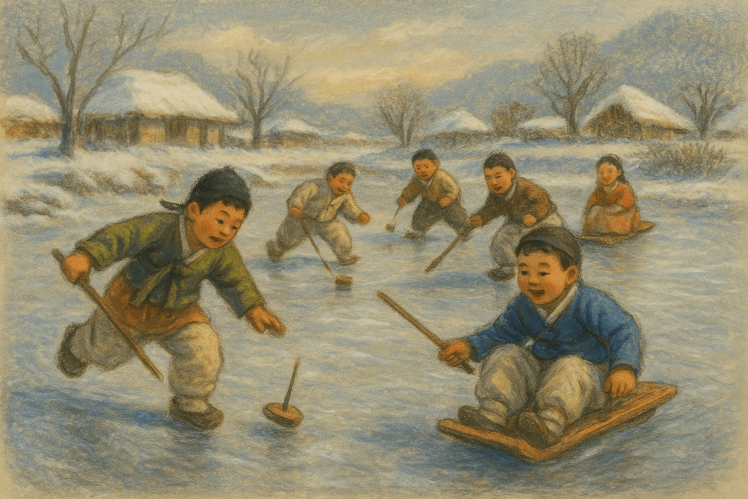 팽이치기와 얼음판 썰매 – 겨울 들녘을 달구던 아이들의 찬 바람 놀이