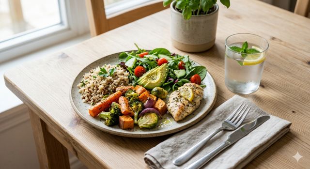 장 건강을 위한 식이섬유 중심 식단과 물 섭취 장면