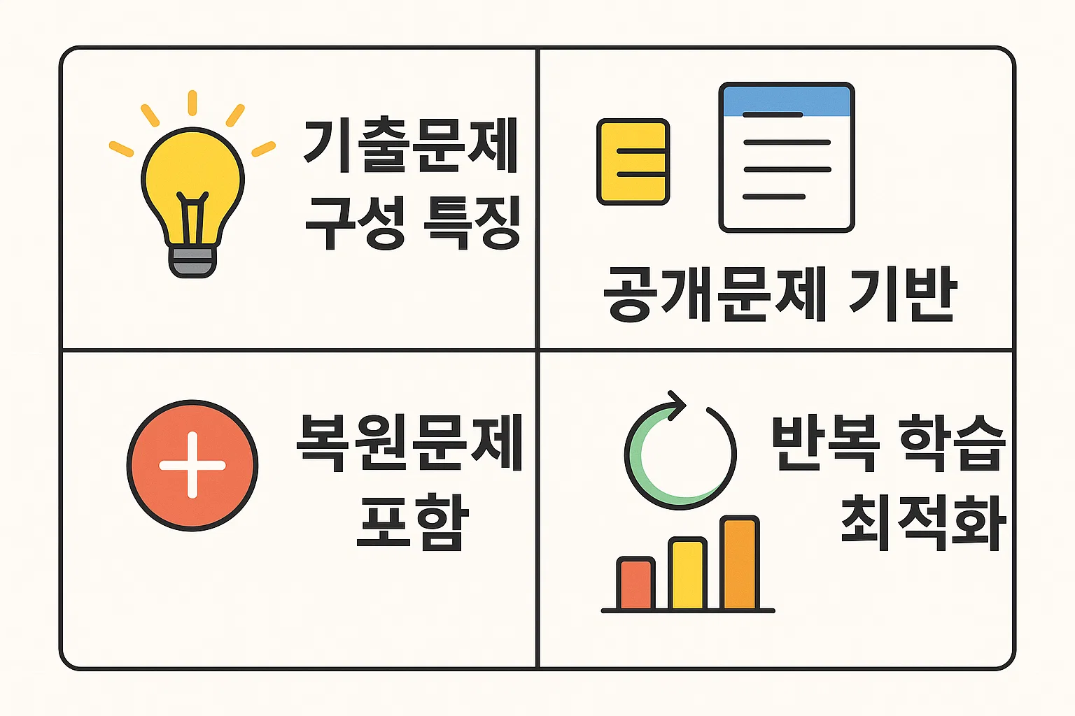 기출문제 구성 방식, 공개문제 기반 구성, 복원문제 포함 여부 및 반복학습 전략 등 필기 학습 핵심 요소를 정리한 인포그래픽