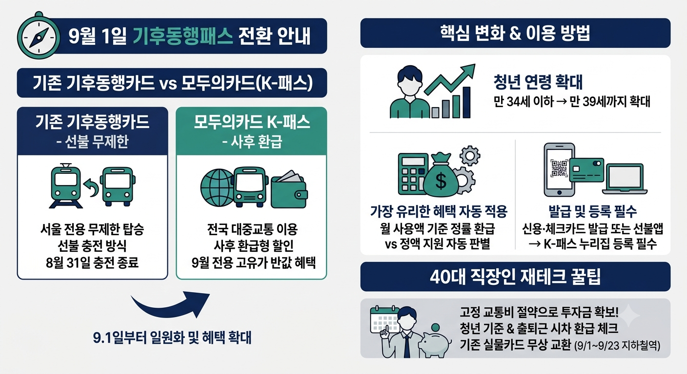 9월 시행 기후동행패스 및 모두의카드 차이점과 연령 확대 혜택 인포그래픽