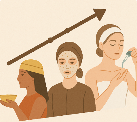 고대, 중세, 현대 피부미용의 발전을 이미지화한 일러스트