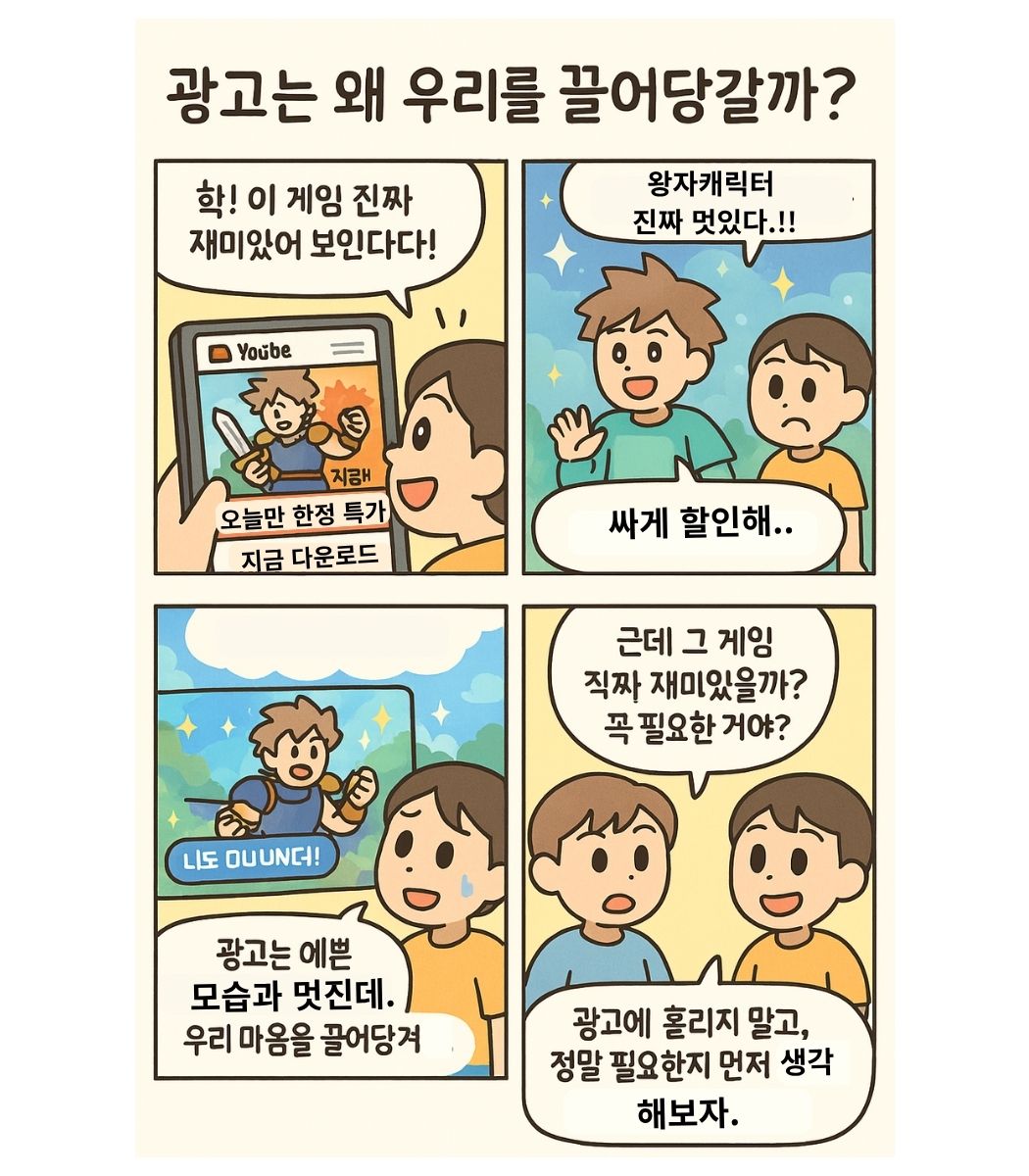멋진 모습, 한정특가, 지금 다운로드 라는 키워드로 광고에 끌리는 심리를 이해하고 똑똑한 소비자가 되는 과정을 보여주는 초등학생 대상 4컷 만화