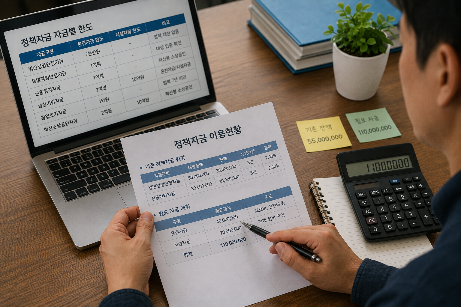 소상공인이 기존 정책자금 잔액과 운영자금 시설자금 필요액을 비교해 추가대출 한도를 계산하는 모습