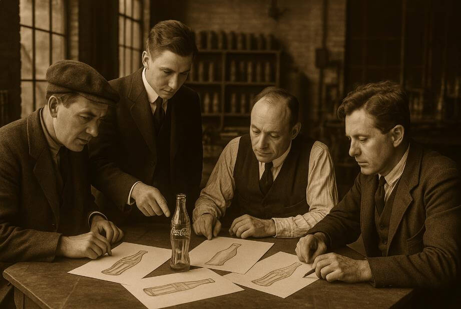 1910년대 디자이너들이 병 초안 검토하는 장면