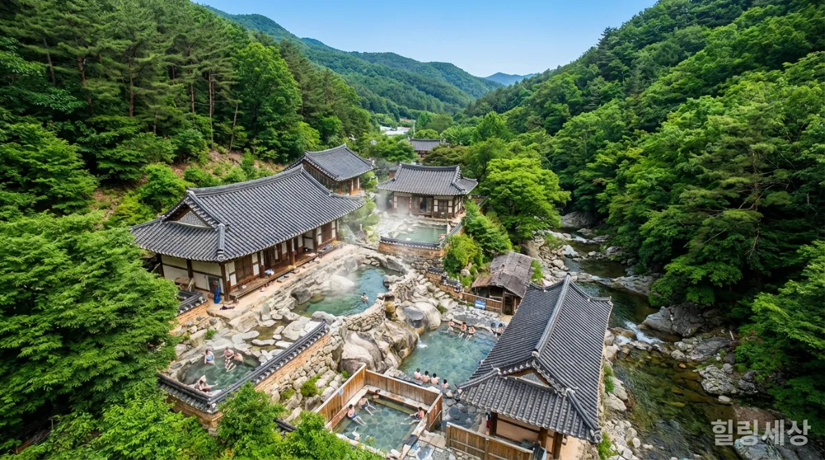 충청도 산악 지역에 숨겨진 온천 시설의 항공 뷰, 자연과 어우러진 전통 건축물