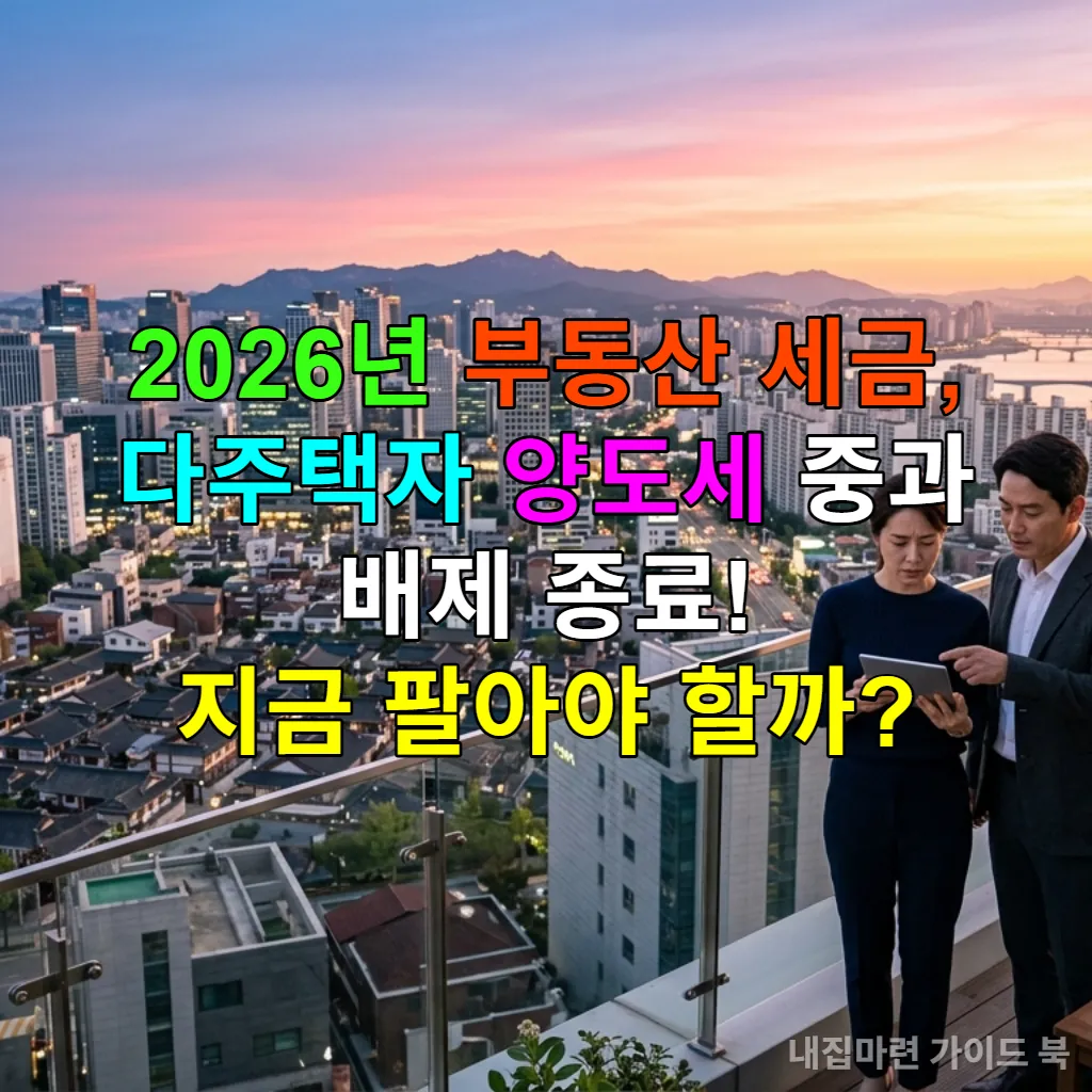 2026년 부동산 세금 변화를 논의하는 한국인 부부의 모습과 도시 전경