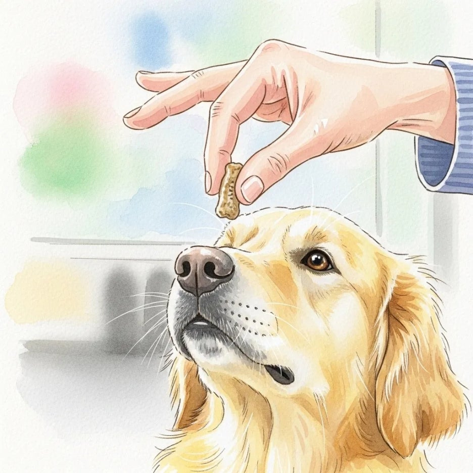 강아지에게 조심스럽게 약을 먹이는 따뜻한 손길