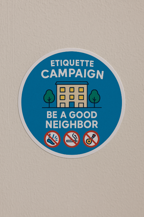 복도 별면에 붙은 에티켓 캠페인 스티커